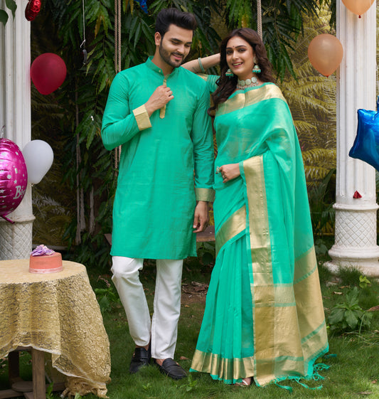 Hunnybunny Teal Blue Silk Couple Wear Saree with Kurta