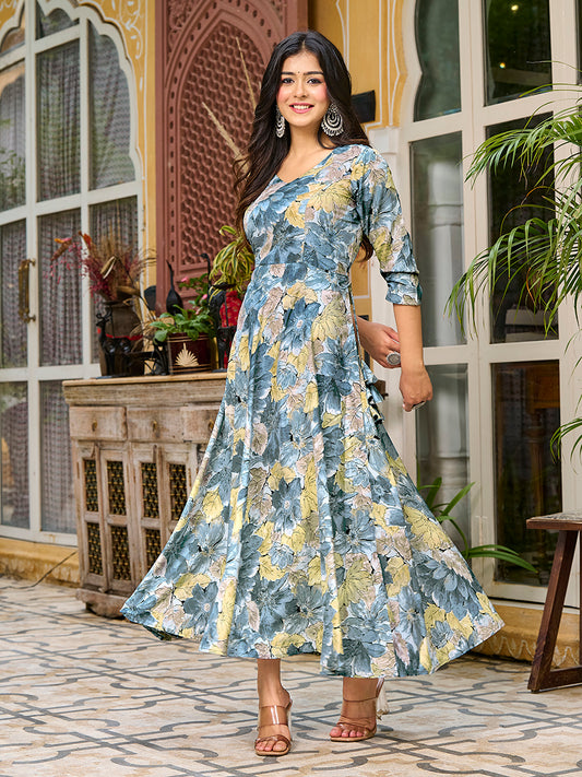 Bluish Grey Floral Printed Round Shape Kurta