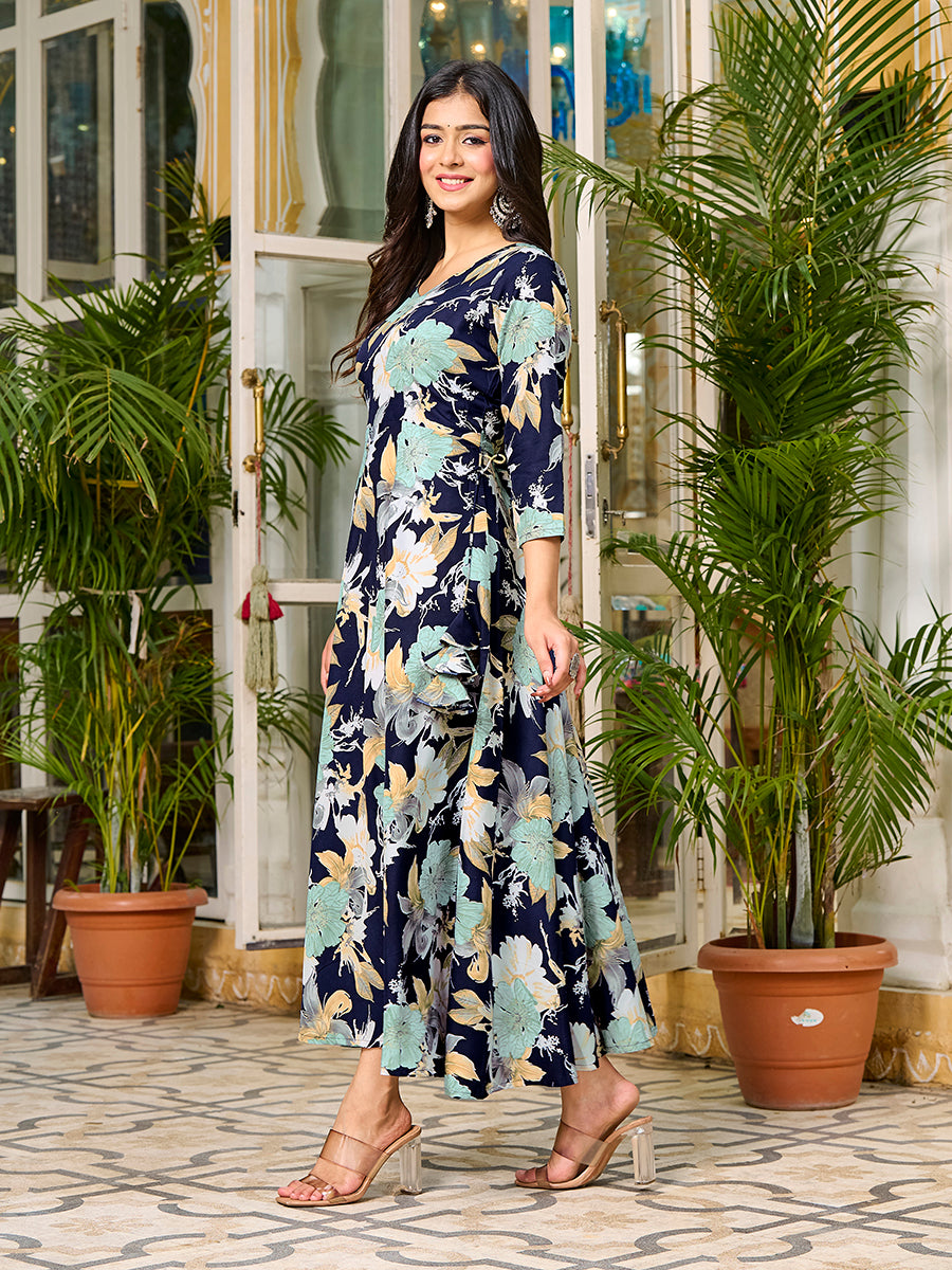 Navy Blue Floral Printed Round Shape Kurta