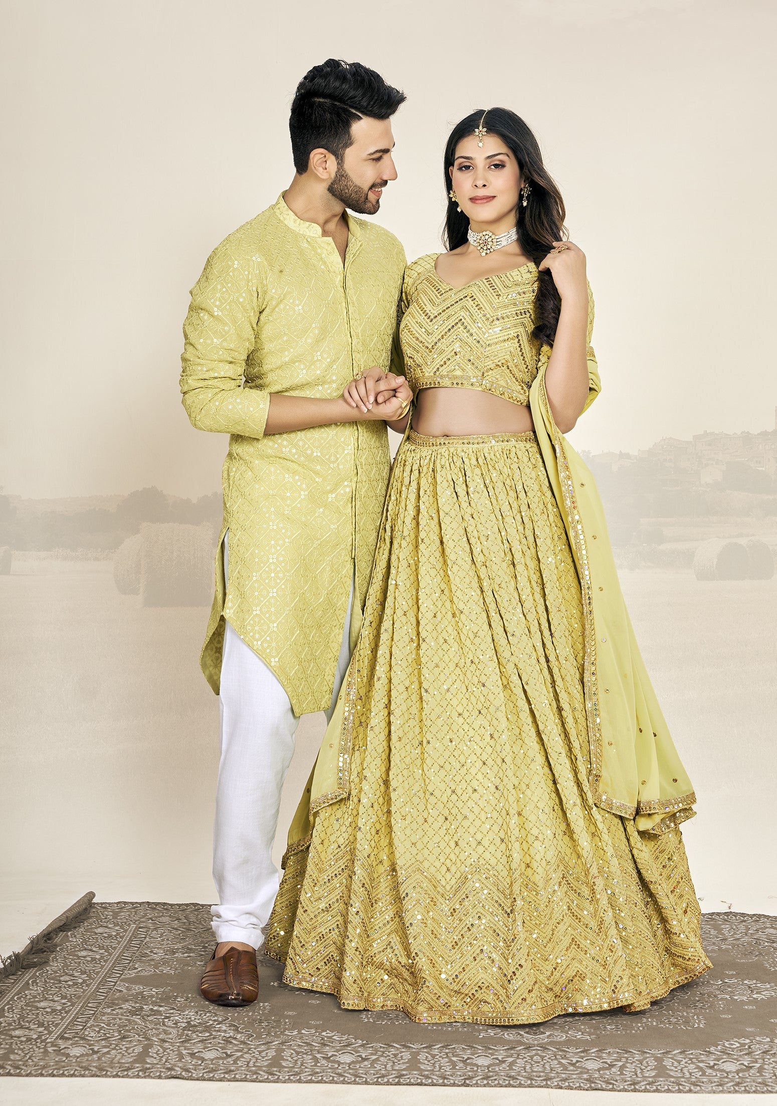 Yellow Soft Georgette Embroidered Wedding Wear Couple Wear Set