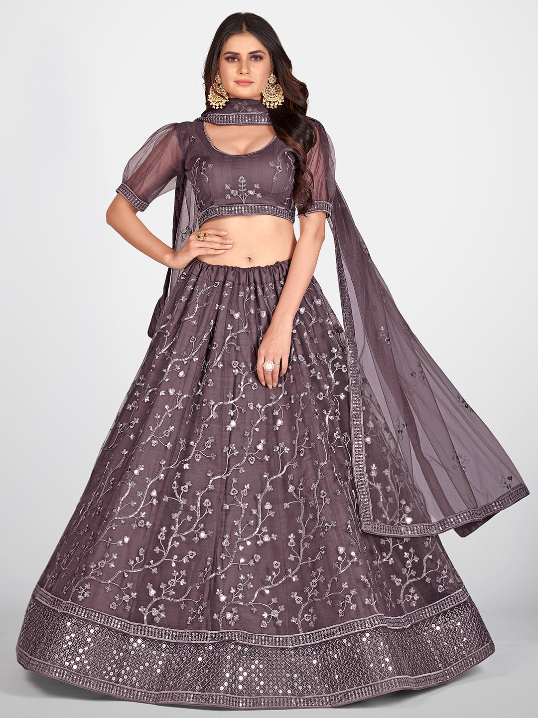 Sparkling Purple and Silver Toned Embroidered Sangeet Special Lehenga and Blouse With Dupatta