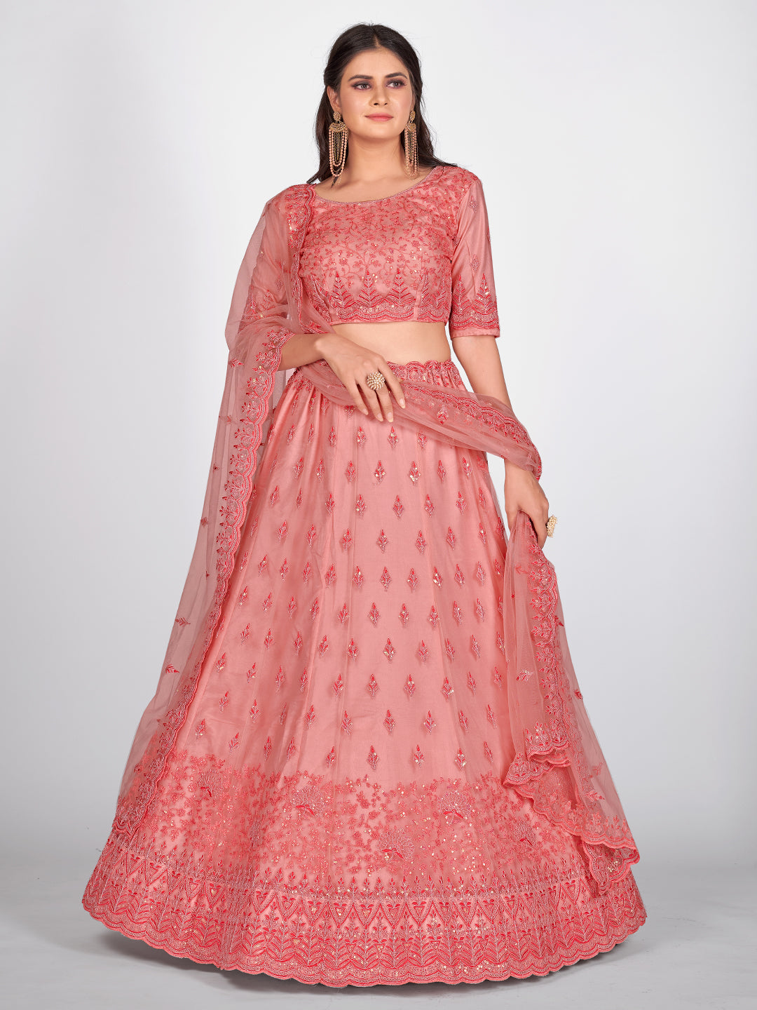 Pink Sequins Sangeet Special Lehenga and Blouse With Dupatta
