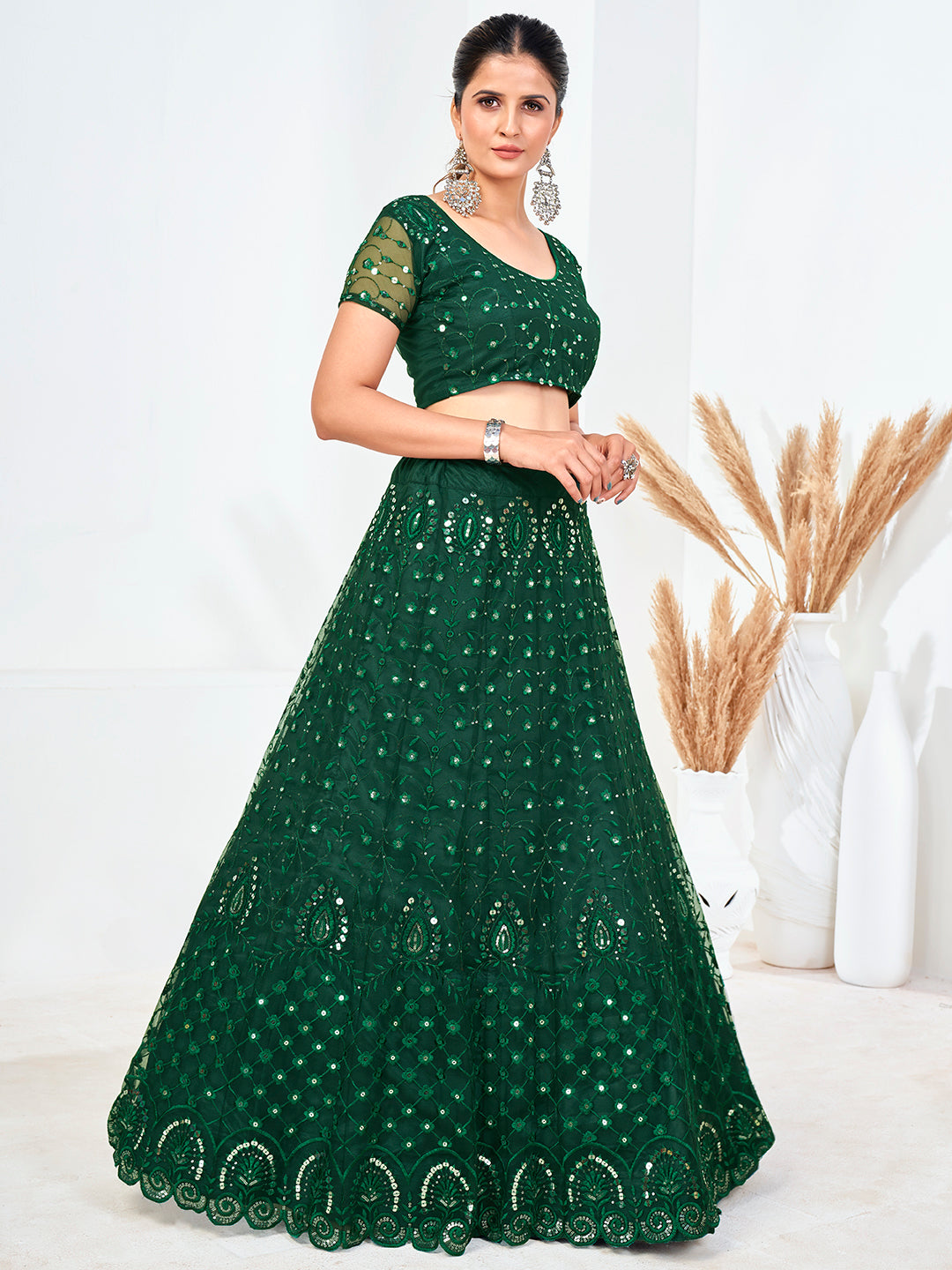 Green Sequins Embroidered Soft Net Festival Special Lehenga Choli