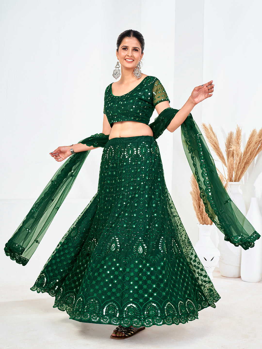 Green Sequins Embroidered Soft Net Festival Special Lehenga Choli