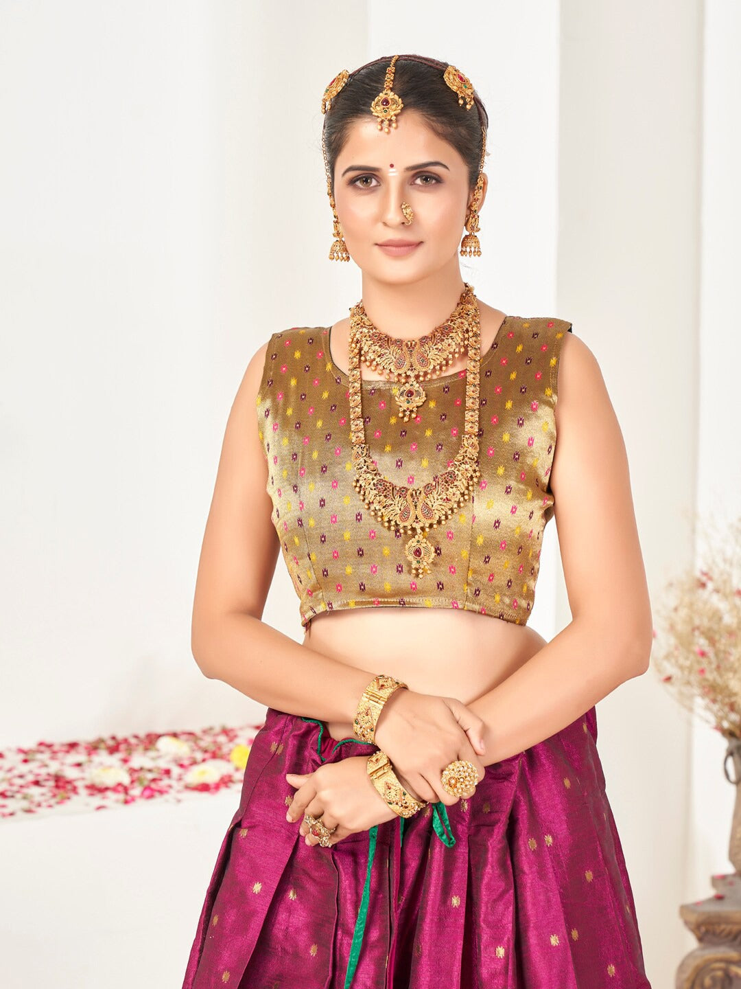 Pink & Green Semi-Stitched Lehenga & Unstitched Blouse With Dupatta