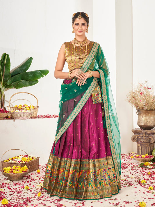 Pink & Green Semi-Stitched Lehenga & Unstitched Blouse With Dupatta