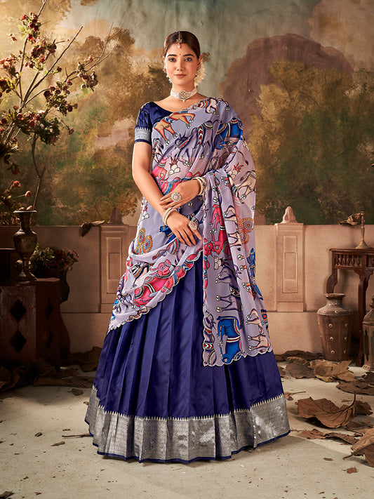 Navy Blue Banarasi Silk Zari Bordered Lehenga Choli