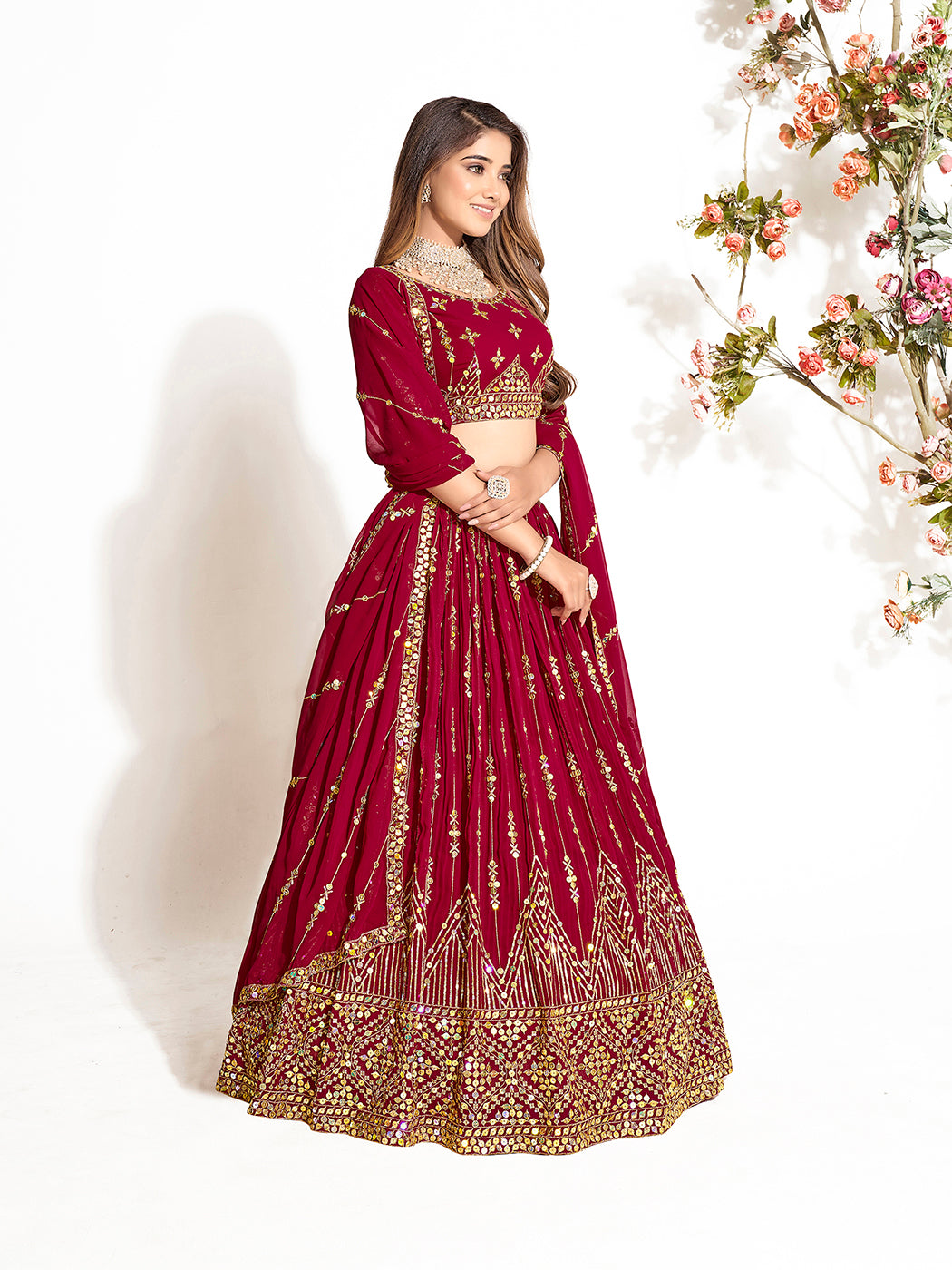 Dark Red Georgette Embroidered Wedding Lehenga Choli