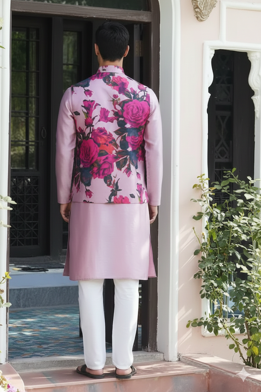 Peach pink Floral Print Silk Sequins Work Lehenga choli & Mens Kurta Koti Couple Set