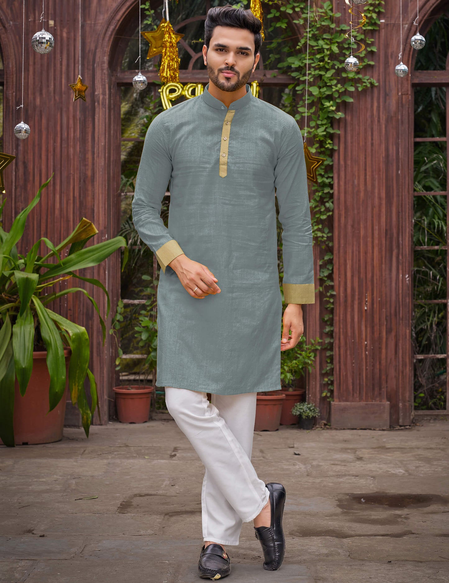 Grey Silk Couple Wear Saree with Kurta