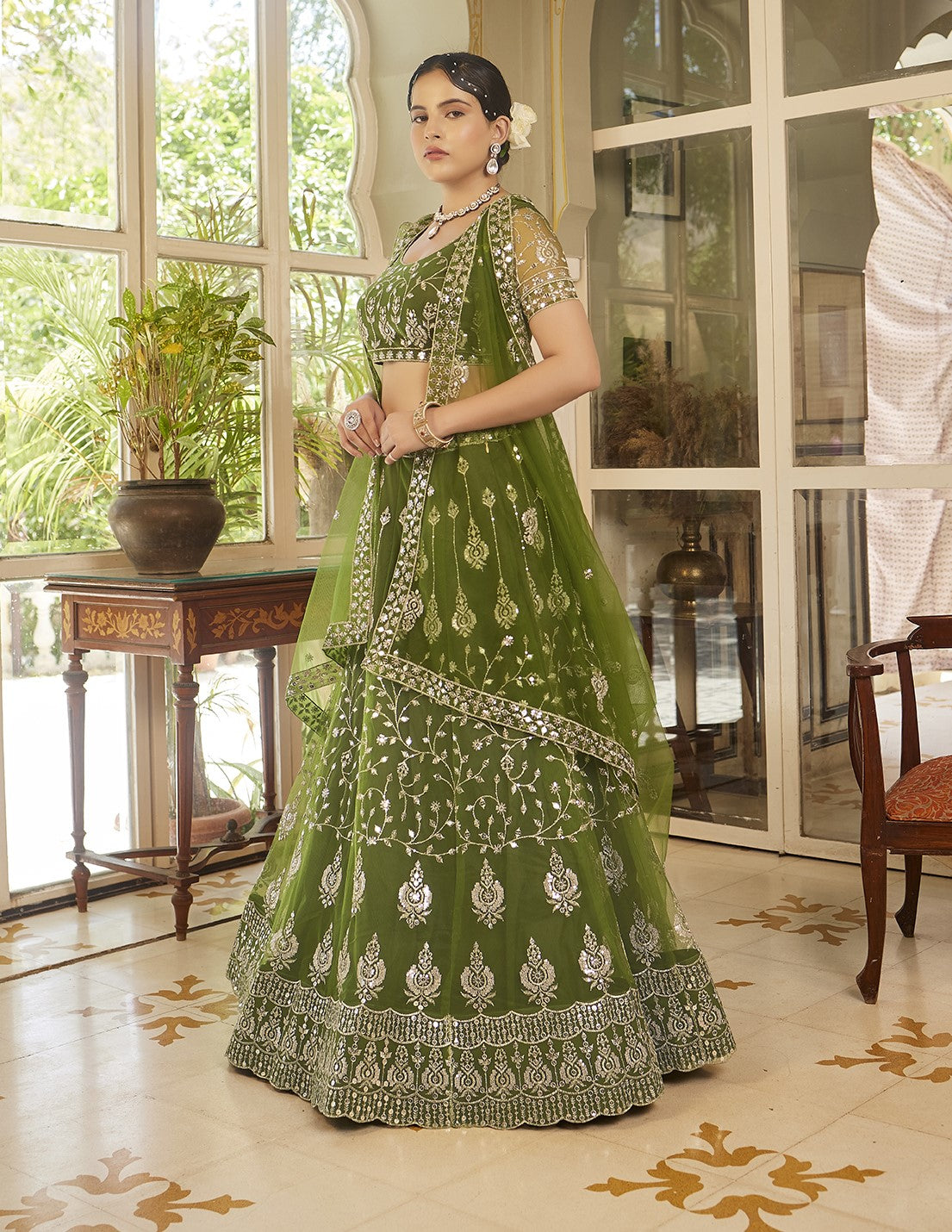 Olive Green Sequins Embroidered Net Lehenga Choli Shopgarb Store Olive Green Sequins Embroidered Net Lehenga Choli Shopgarb Store