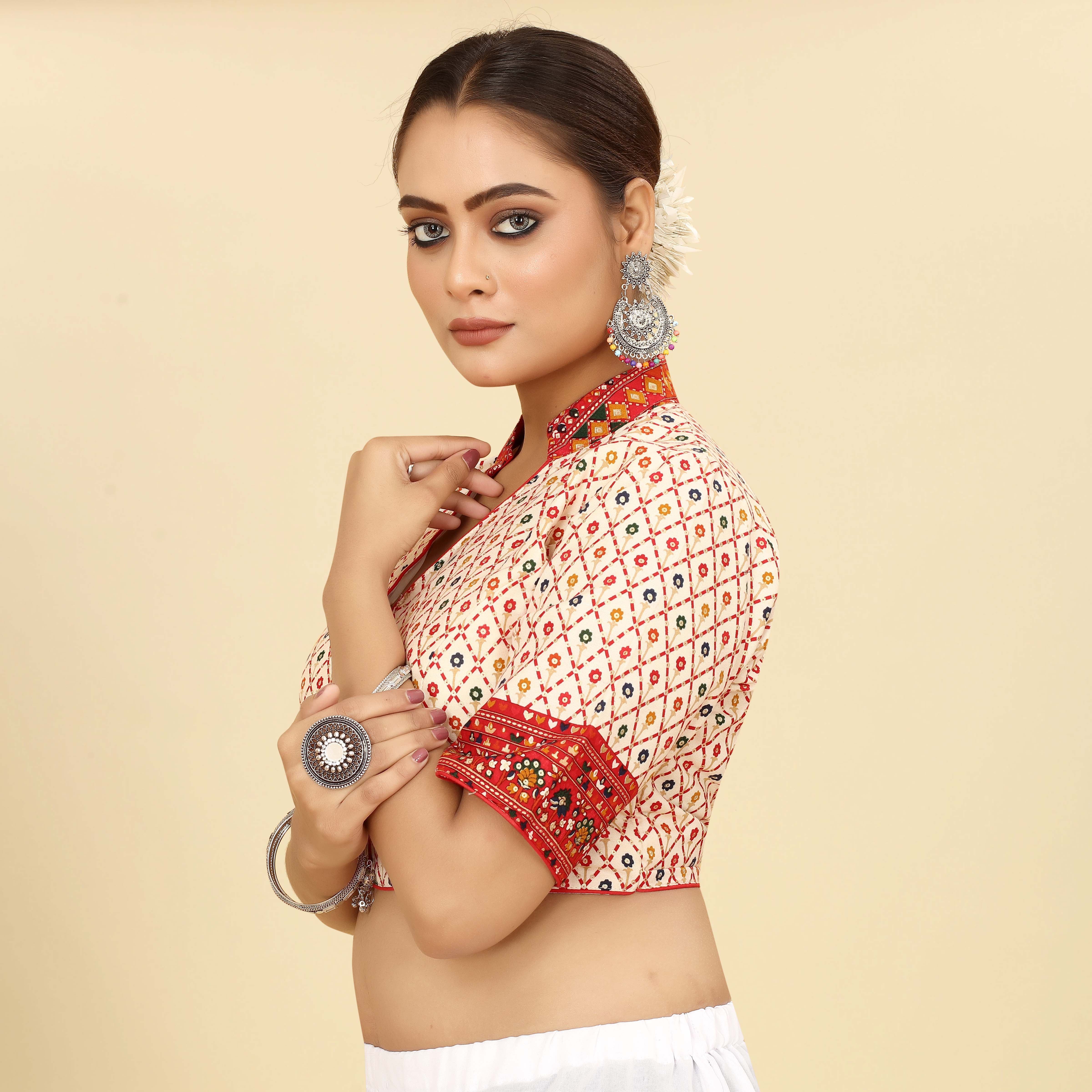 White & Red Cotton Foil Worked Saree Blouse