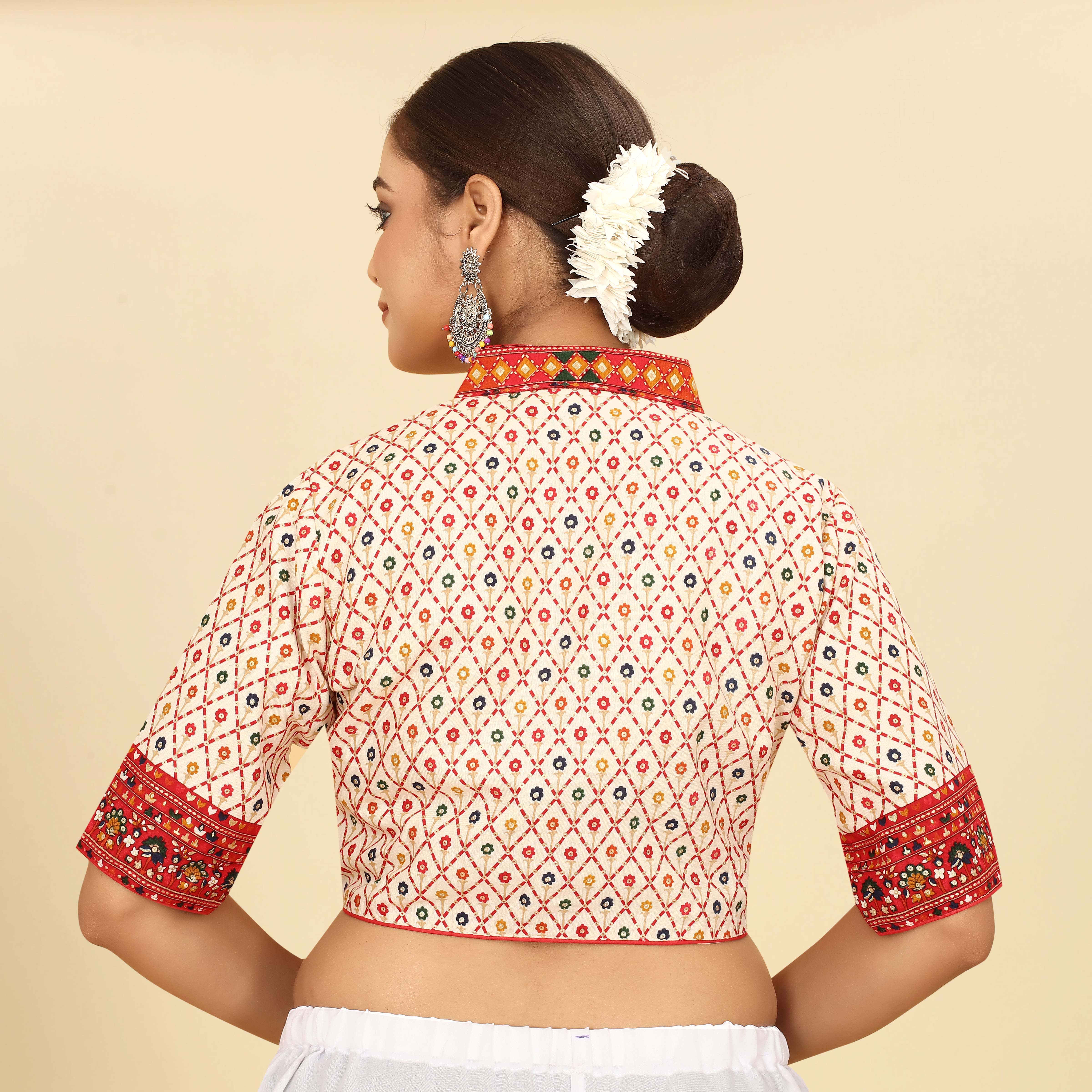 White & Red Cotton Foil Worked Saree Blouse
