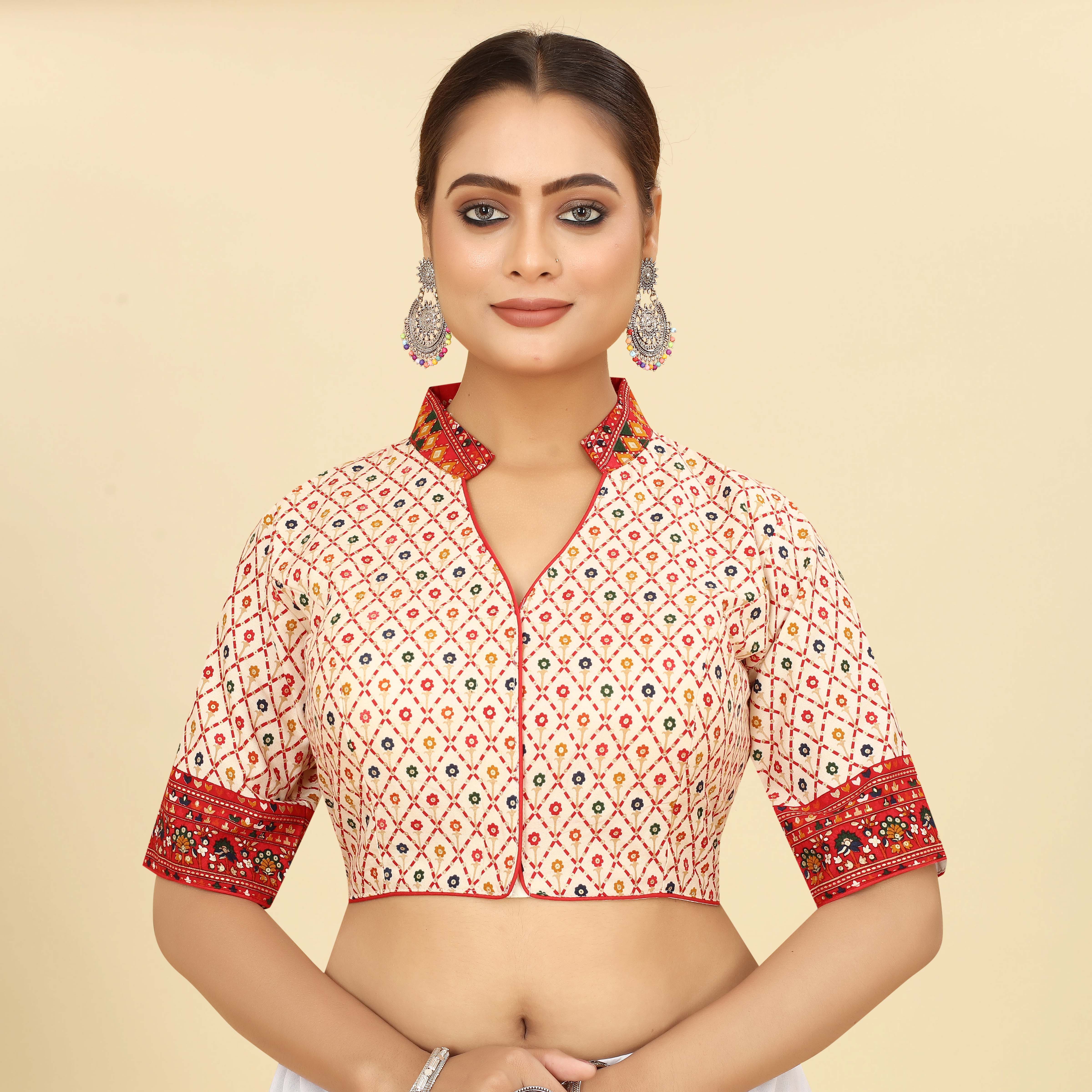White & Red Cotton Foil Worked Saree Blouse