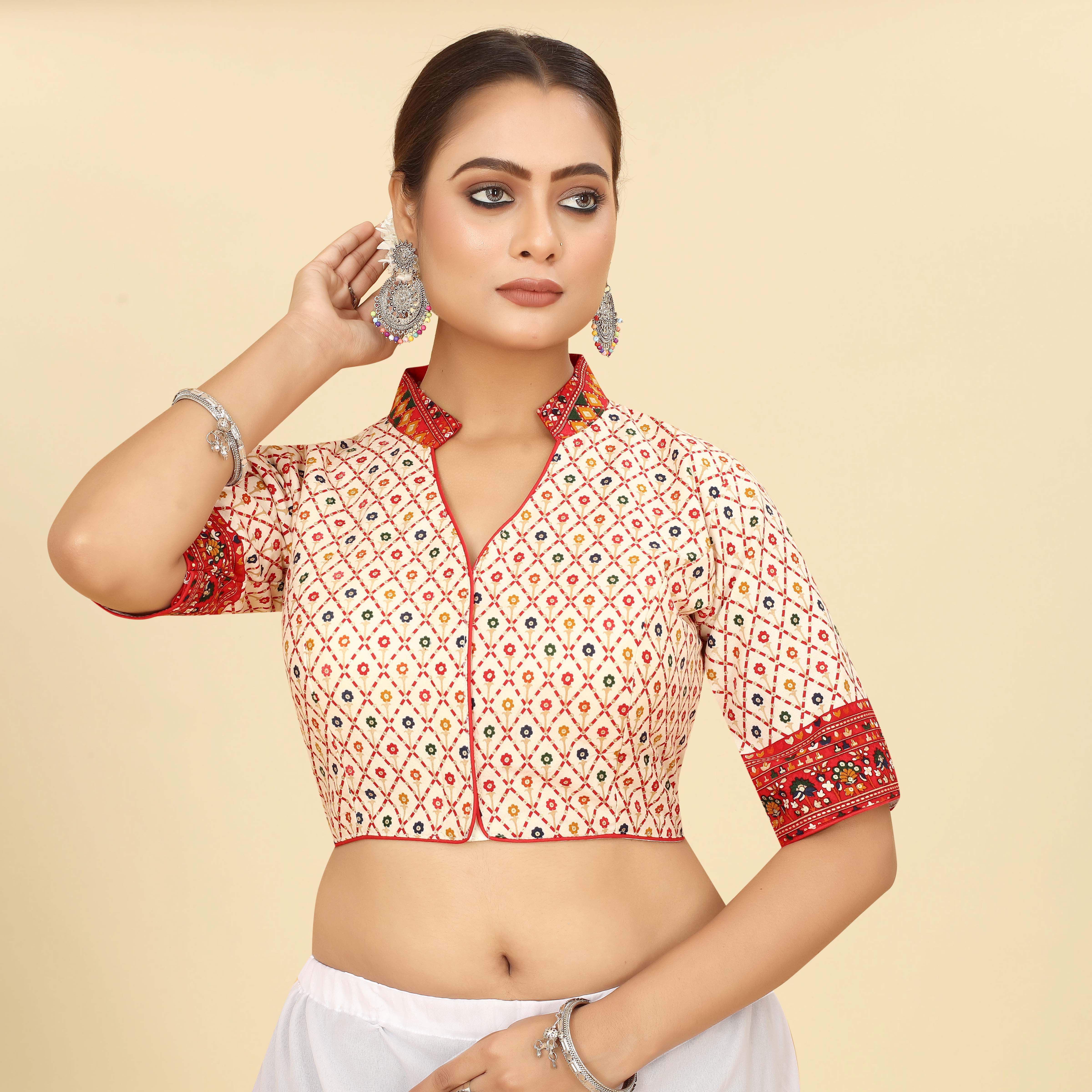 White & Red Cotton Foil Worked Saree Blouse