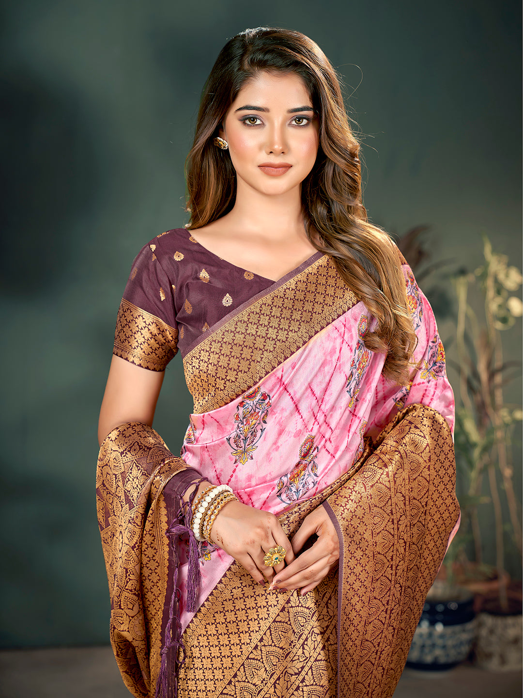 Pink & Maroon Lichi Banarasi Digital Printed Saree