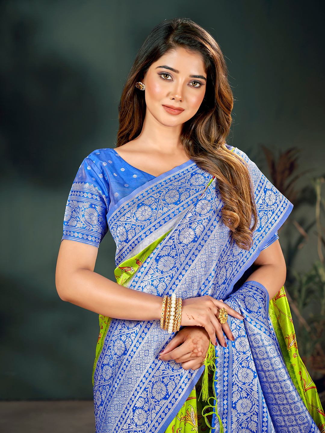 Lemon Yellow & Blue Lichi Banarasi Digital Printed Saree