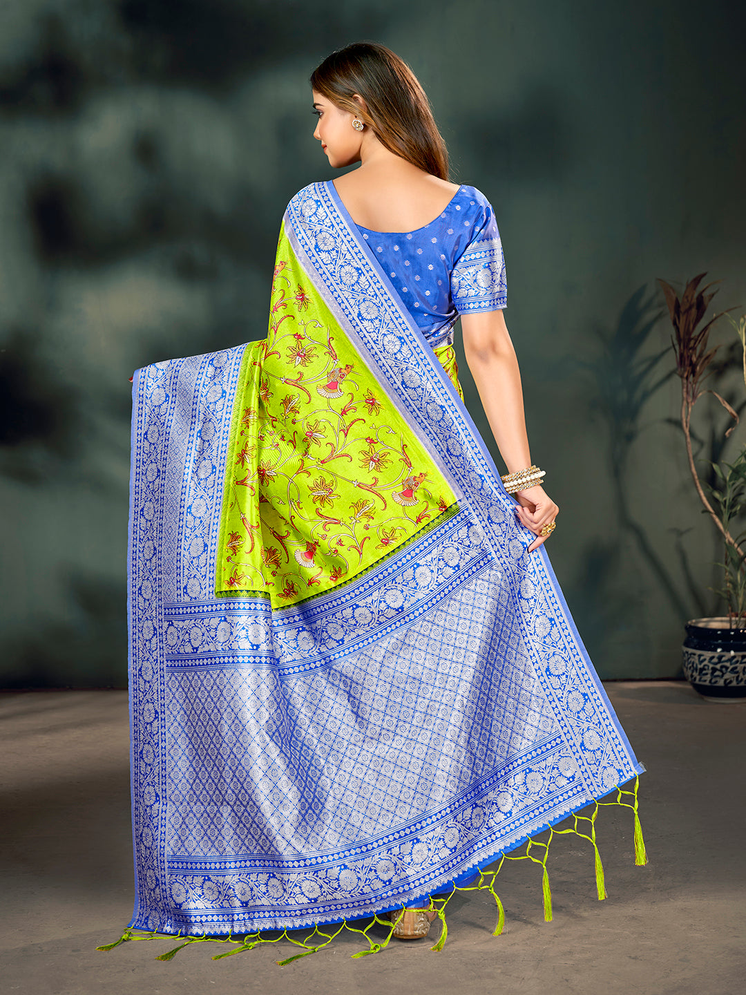 Lemon Yellow & Blue Lichi Banarasi Digital Printed Saree