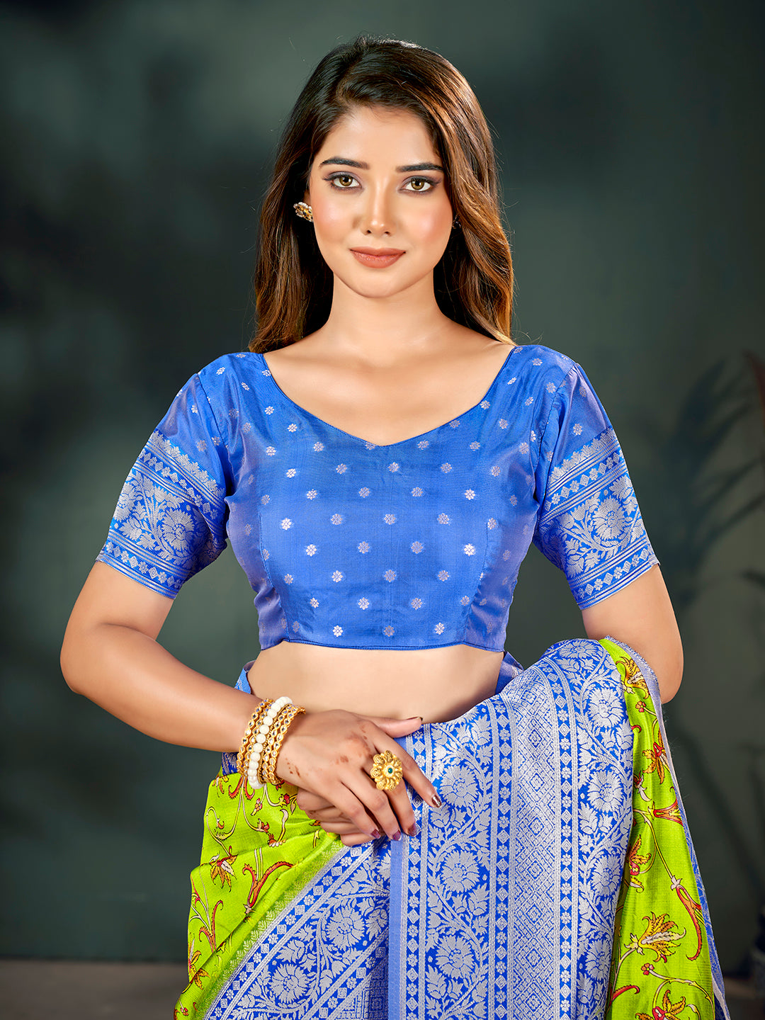 Lemon Yellow & Blue Lichi Banarasi Digital Printed Saree