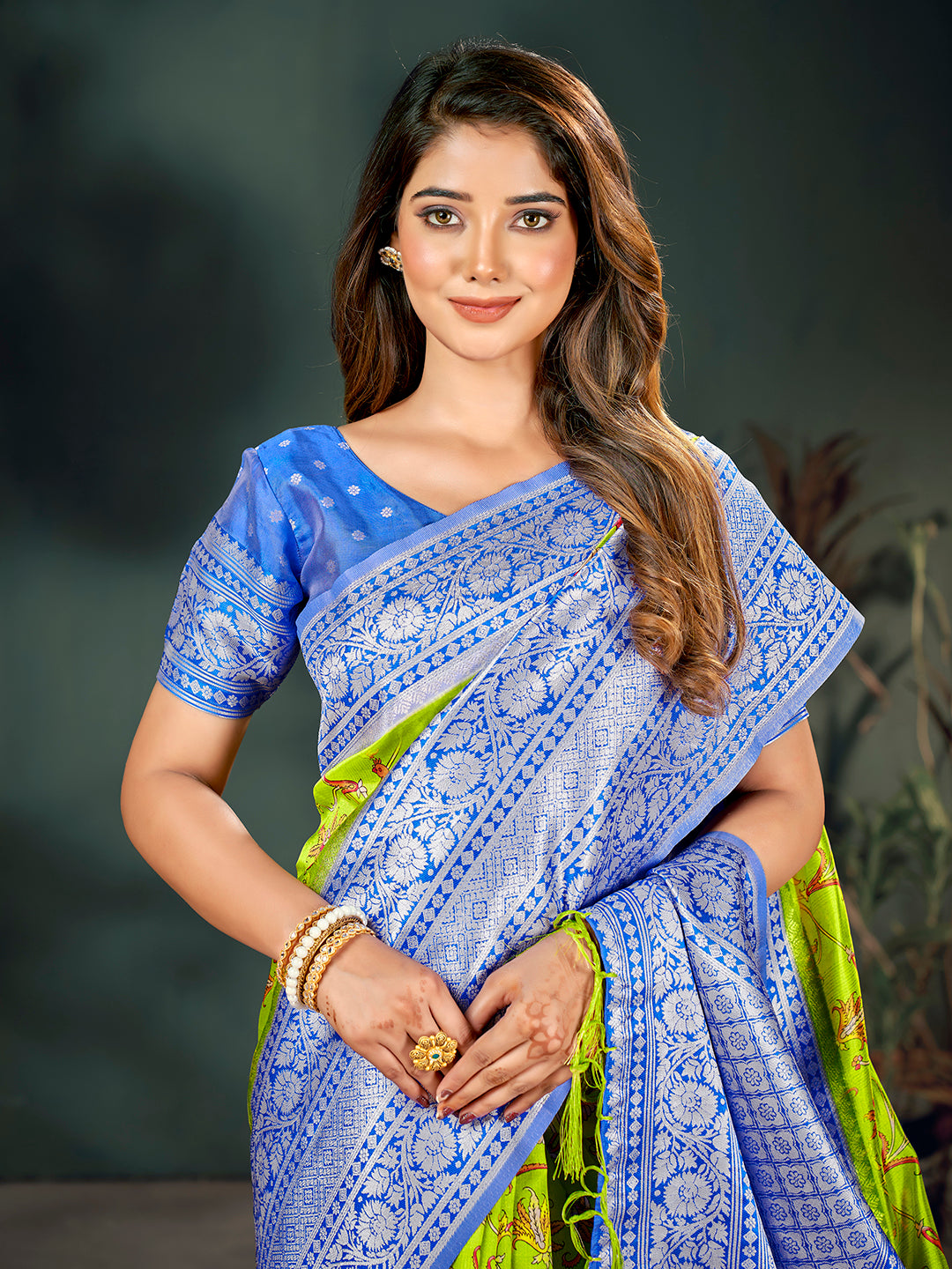 Lemon Yellow & Blue Lichi Banarasi Digital Printed Saree