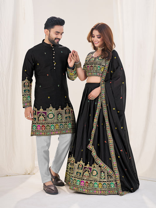 Shopgarb Black Embroidered Lehenga & Matching Men's Kurta Set