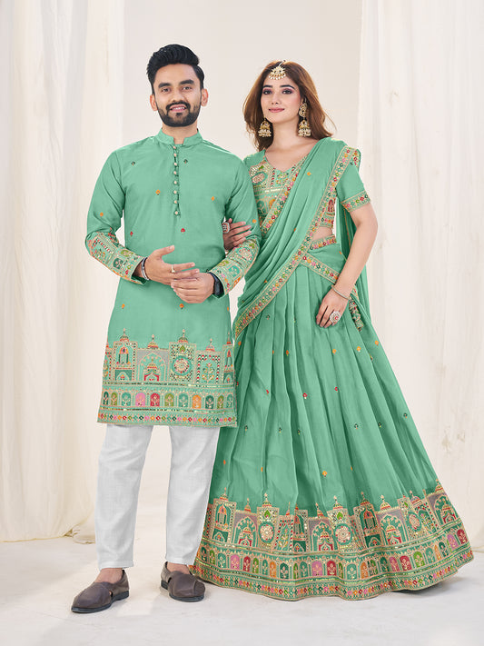 Shopgarb Sea Green Embroidered Lehenga & Matching Men's Kurta Set
