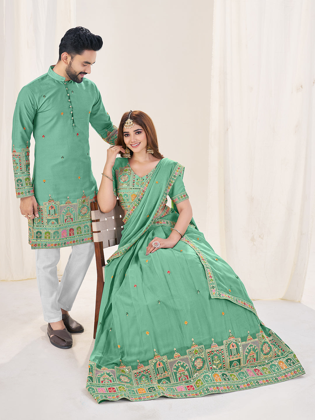 Shopgarb Sea Green Embroidered Lehenga & Matching Men's Kurta Set