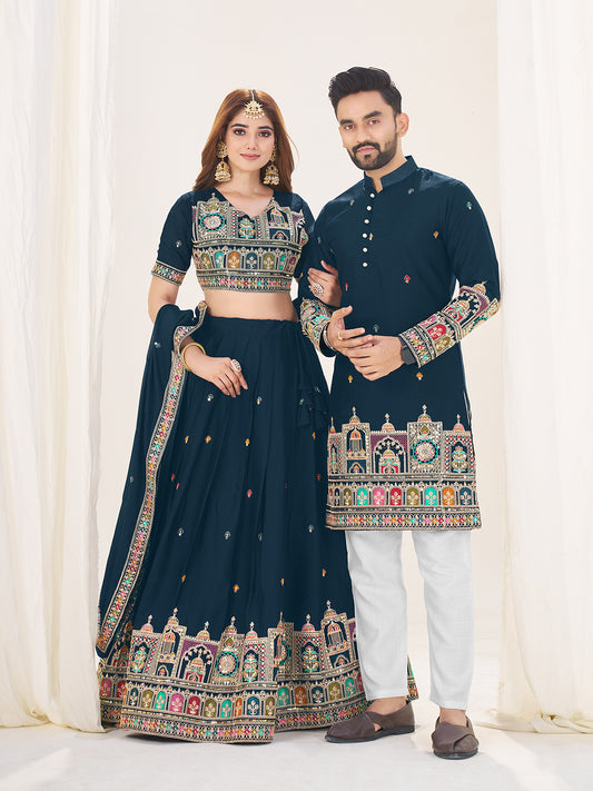 Shopgarb Navy Blue Embroidered Lehenga & Matching Men's Kurta Set