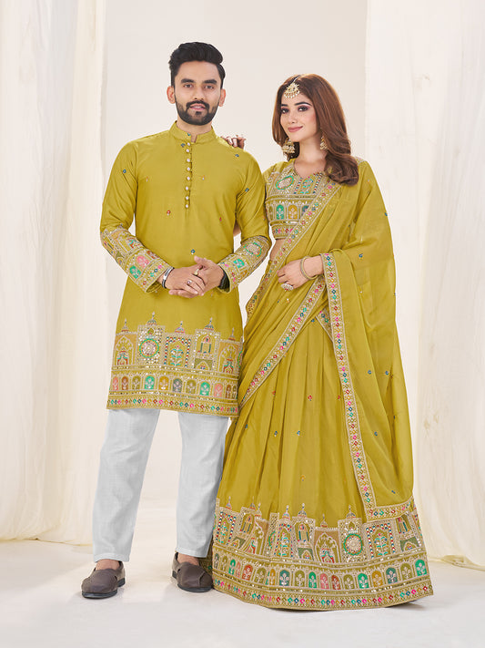 Shopgarb Lime Green Embroidered Lehenga & Matching Men's Kurta Set