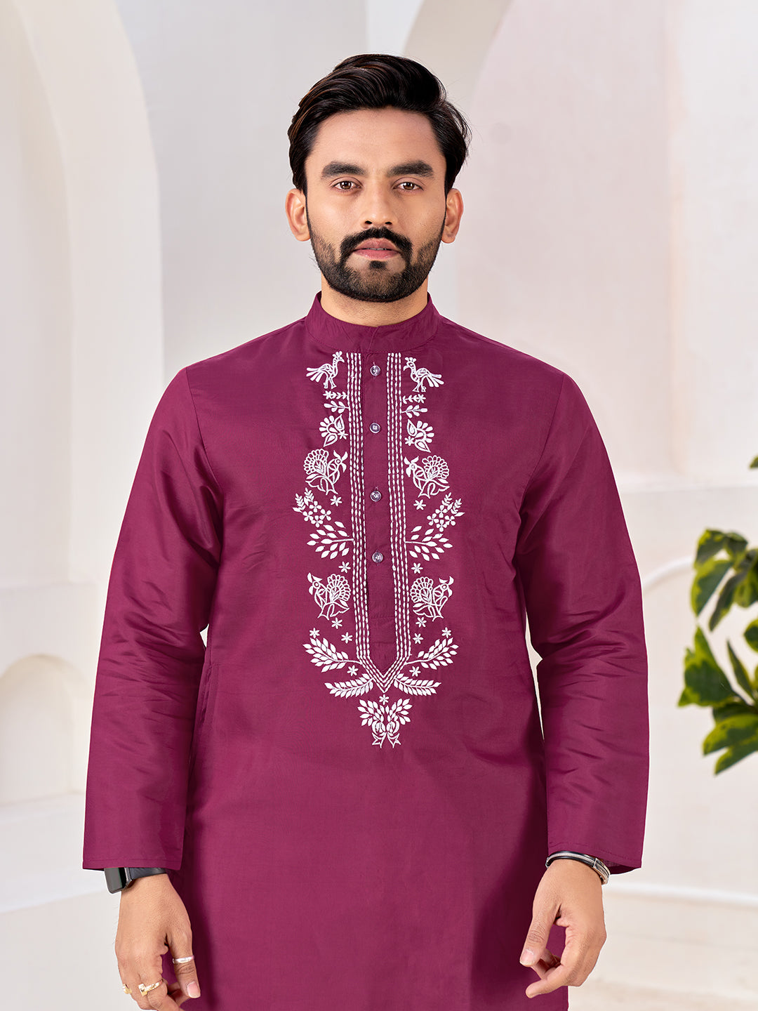 Shopgarb Men’s Ethnic Wine Roman Silk Kurta with Front Embroidery