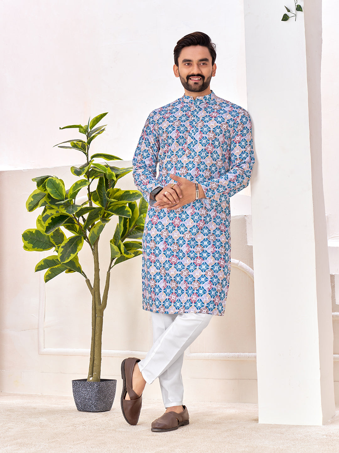 Shopgarb Men's Stylish Cotton Multi color Printed Kurta for Festive & Casual Wear
