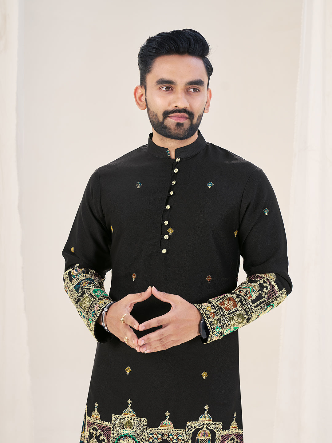 Black Embroidered Mandarin Collar Thread Work Silk Straight Kurta
