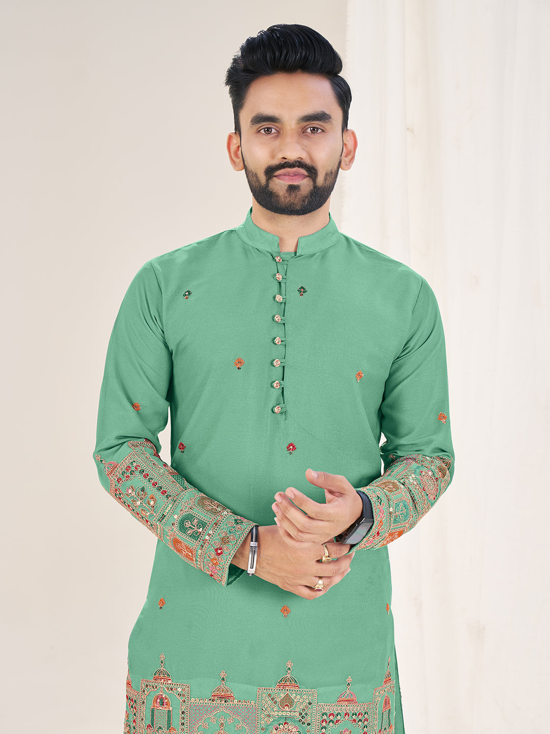 Embroidered Mandarin Collar Thread Work Silk Straight Kurta