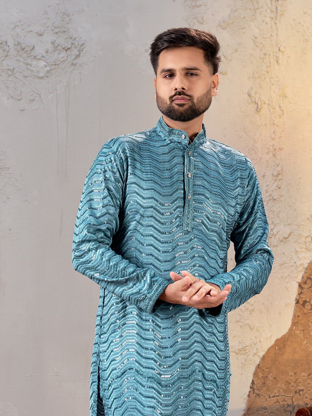 Shopgarb Men’s Sky Blue Rayon Sequin Embroidered Kurta – Festive and Ethnic Wear