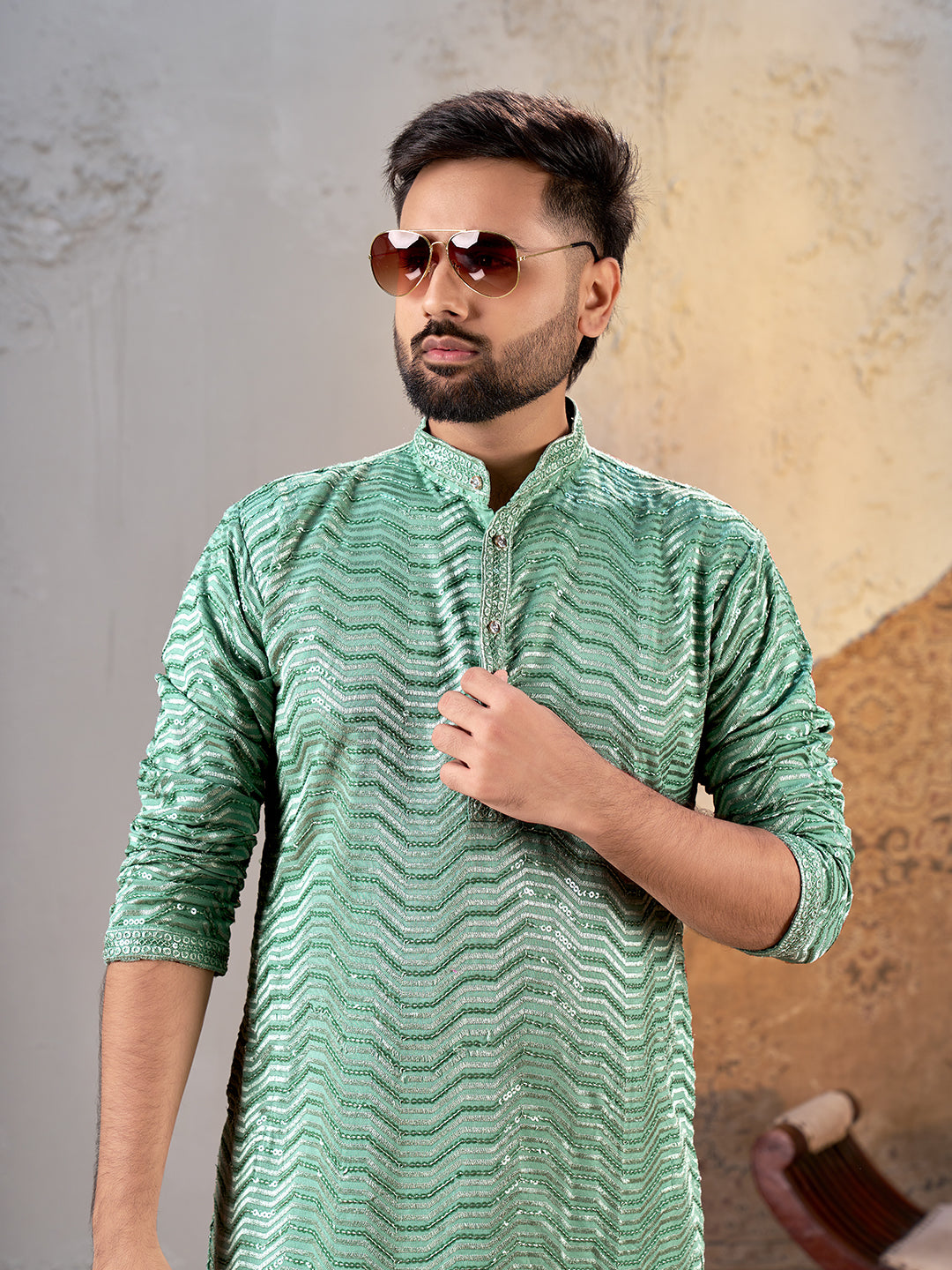 Shopgarb Men’s Sea Green Rayon Sequin Embroidered Kurta – Festive and Ethnic Wear