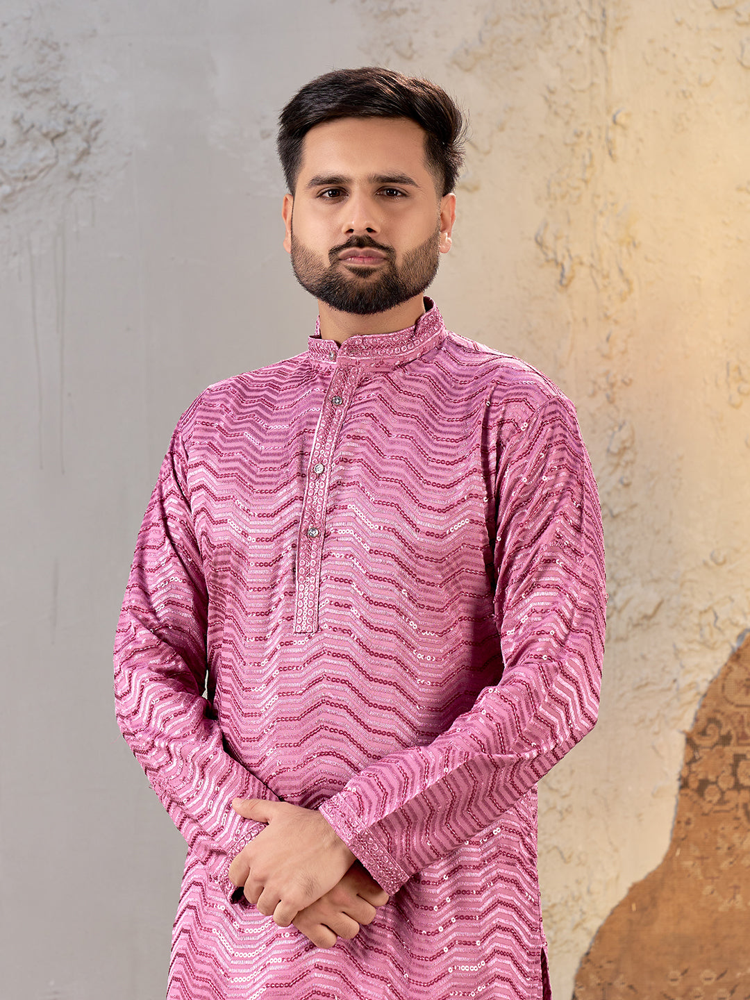 Shopgarb Men’s Pink Rayon Sequin Embroidered Kurta – Festive and Ethnic Wear