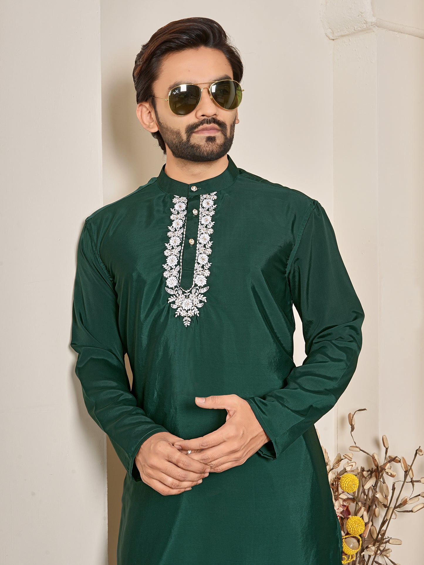 Shopgarb Men’s Dark Green Natural Silk Embroidered Kurta