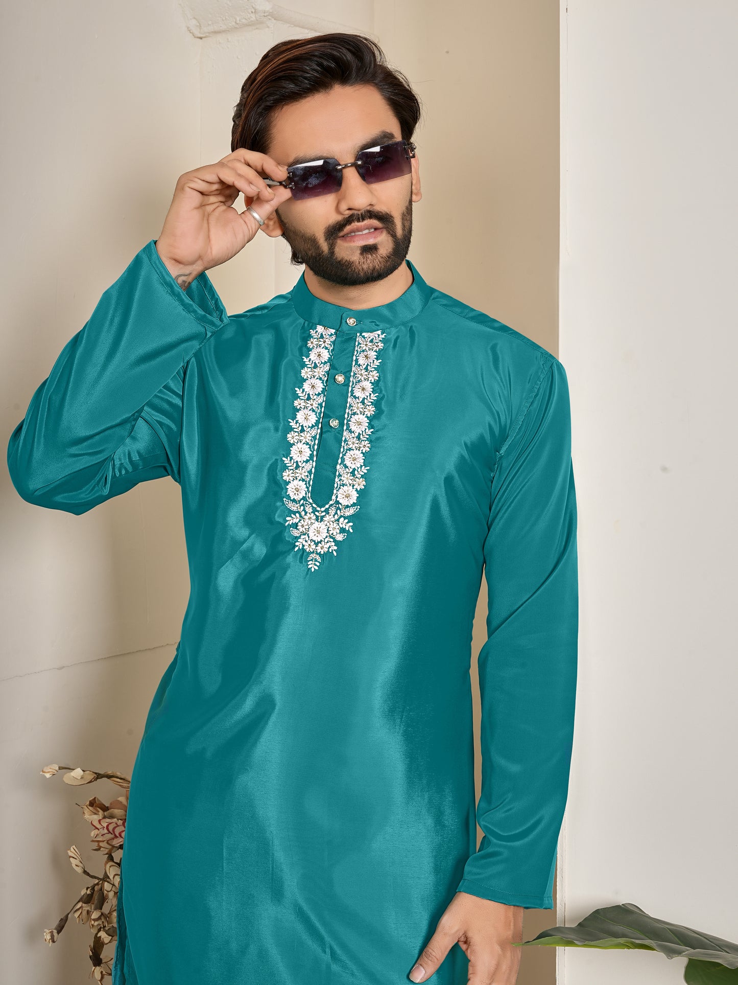 Shopgarb Men’s Teal Blue Natural Silk Embroidered Kurta-Festive and Ethnic Wear