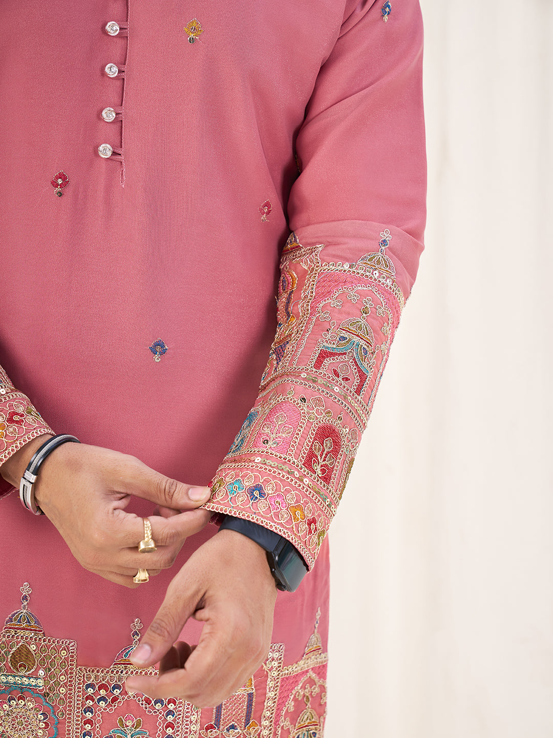 Embroidered Mandarin Collar Thread Work Silk Straight Kurta