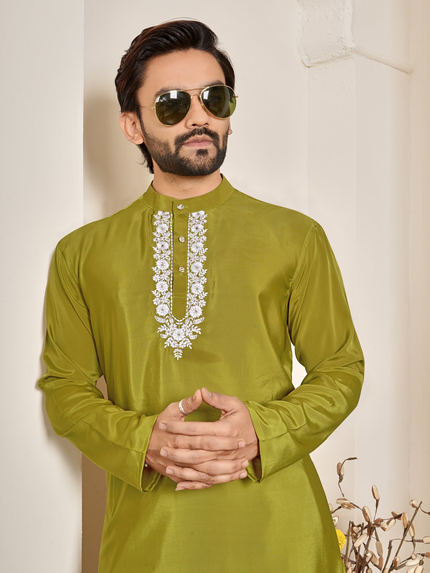 Shopgarb Men’s Mehndi Green Natural Silk Embroidered Kurta-Festive and Ethnic Wear