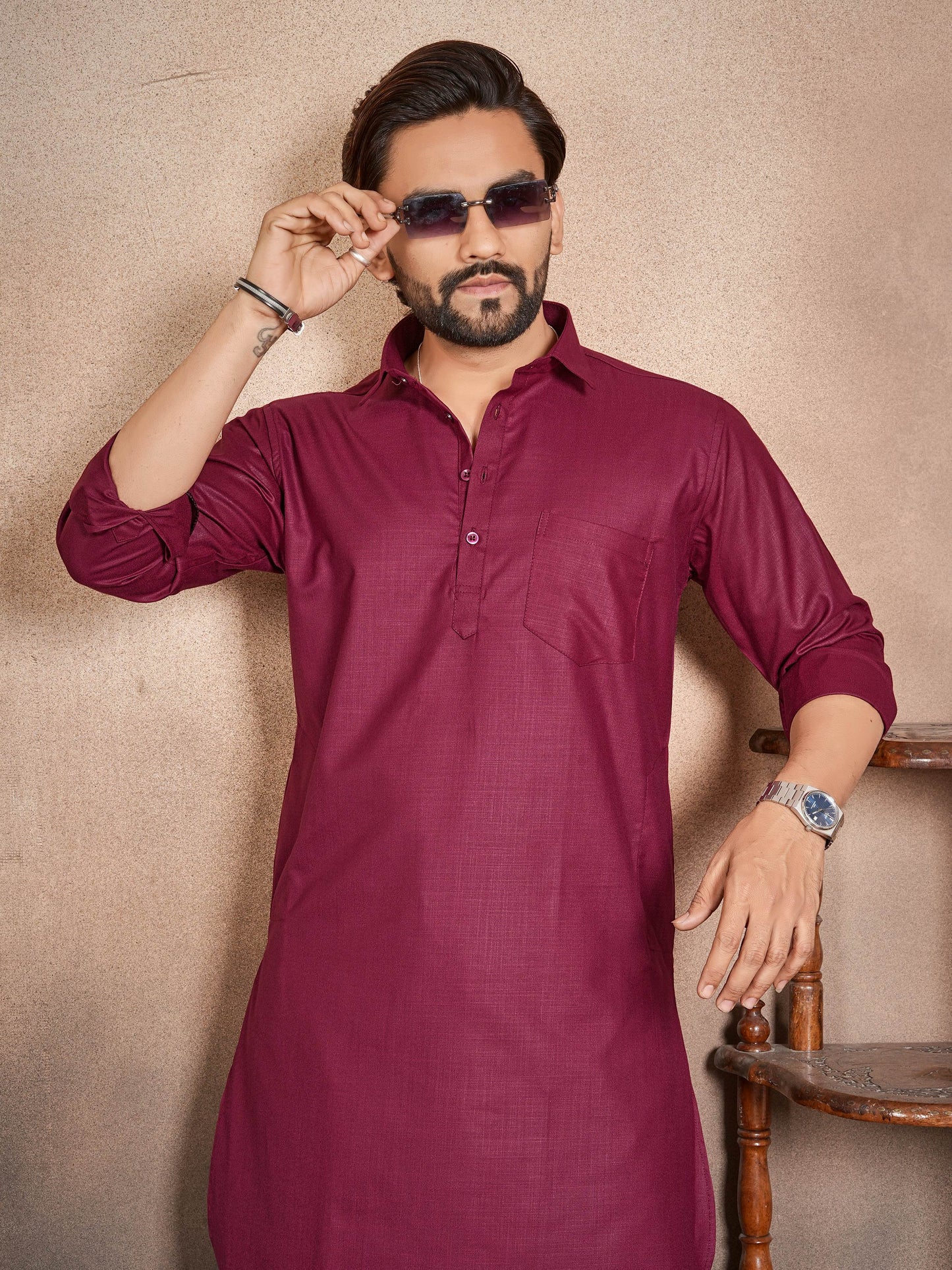 Shopgarb Men’s Maroon Cotton Pathani Kurta Pyjama Set