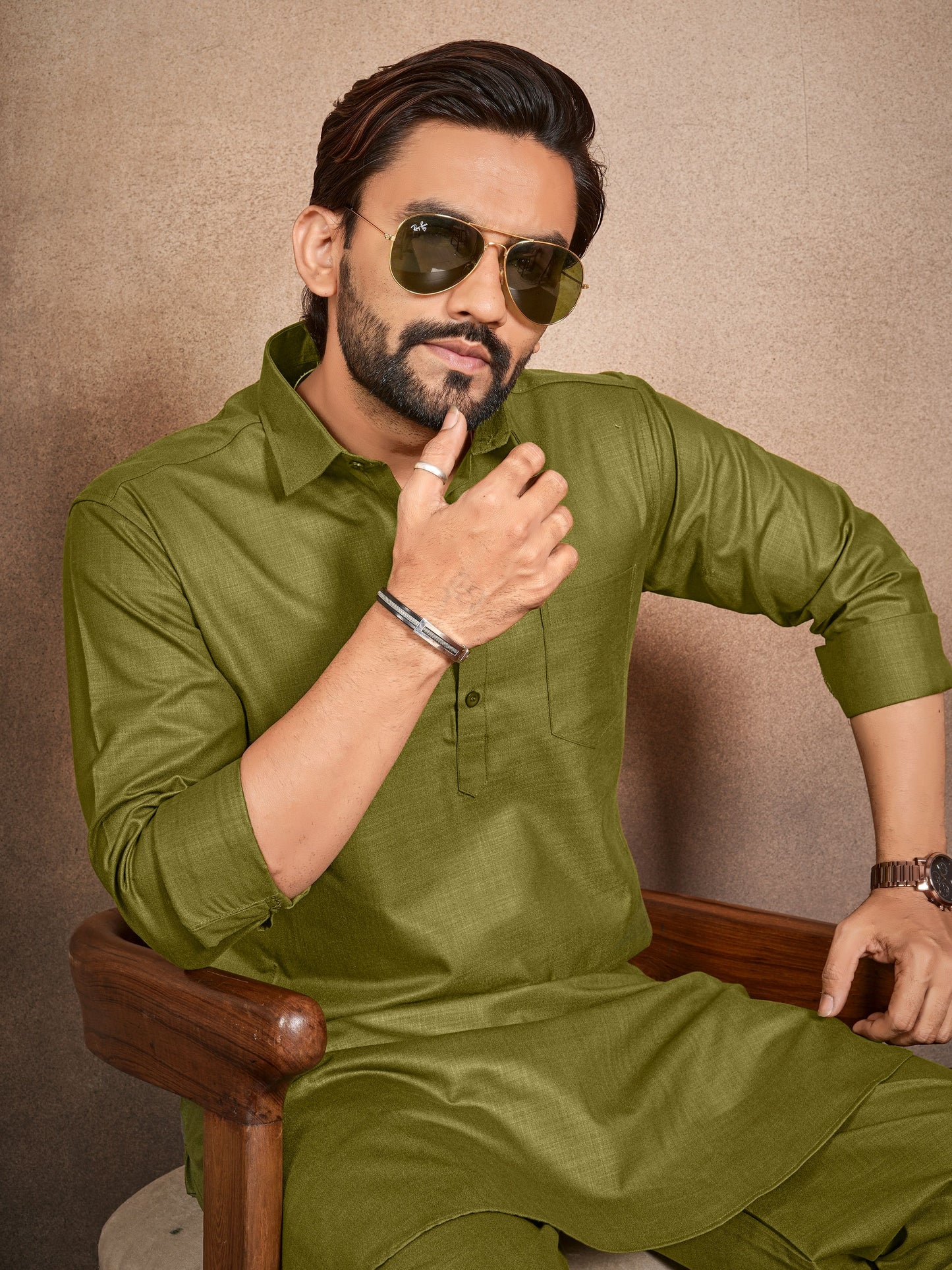 Shopgarb Men’s Olive Green Cotton Pathani Kurta Pyjama Set