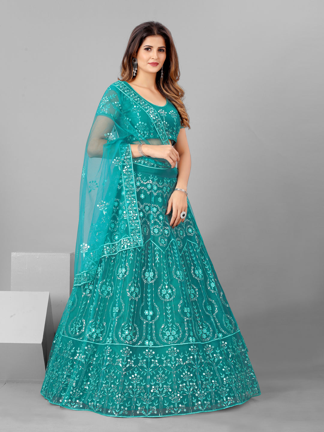 Higly Demanded Teal and Steel Color Sequins Wedding Wear Lehenga and Blouse With Dupatta