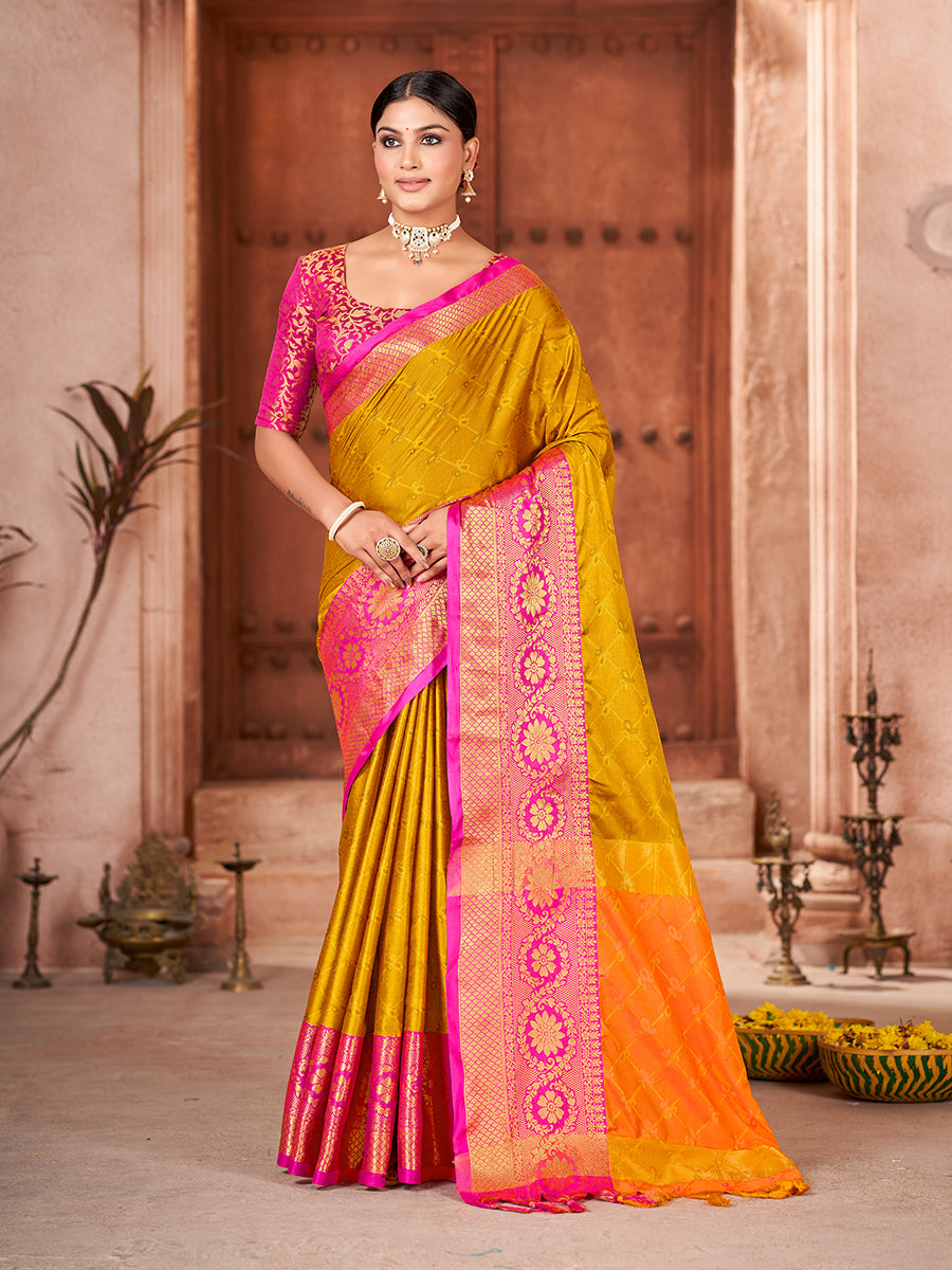 Mustard & Pink Banarasi Silk Zari Woven Saree