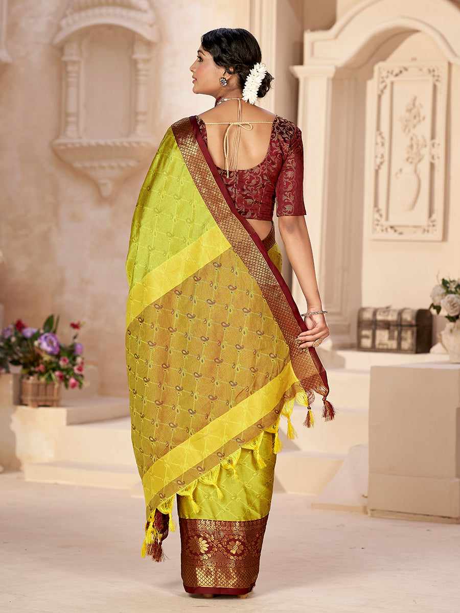 Yellow & Maroon Banarasi Silk Zari Woven Saree