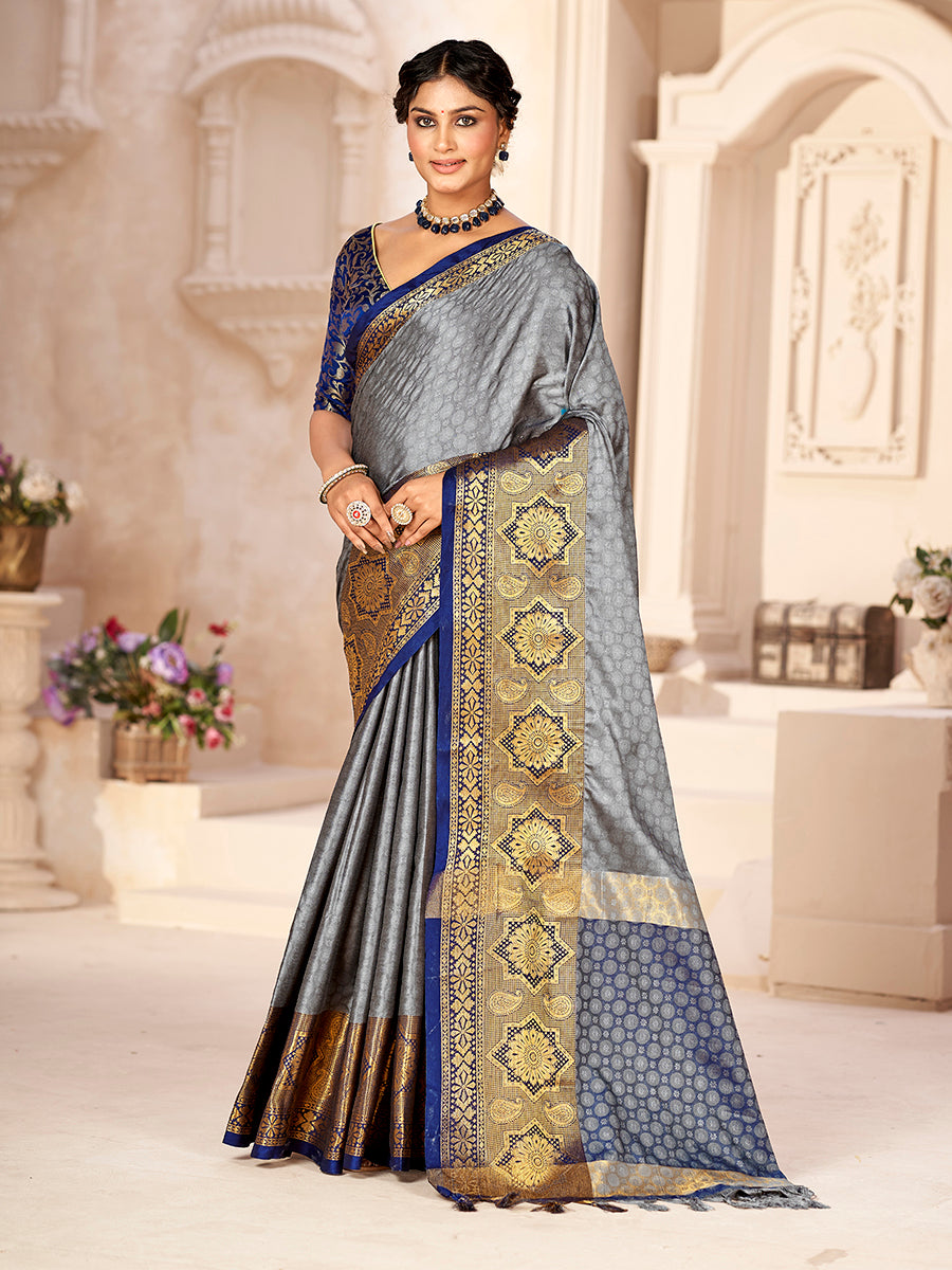 Grey & Blue Banarasi Silk Zari Woven Designer Saree