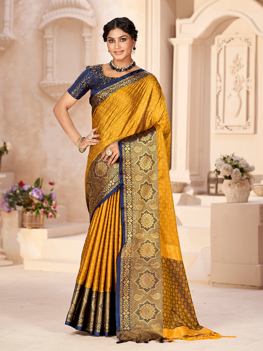 Mustard & Blue Banarasi Silk Zari Woven Designer Saree