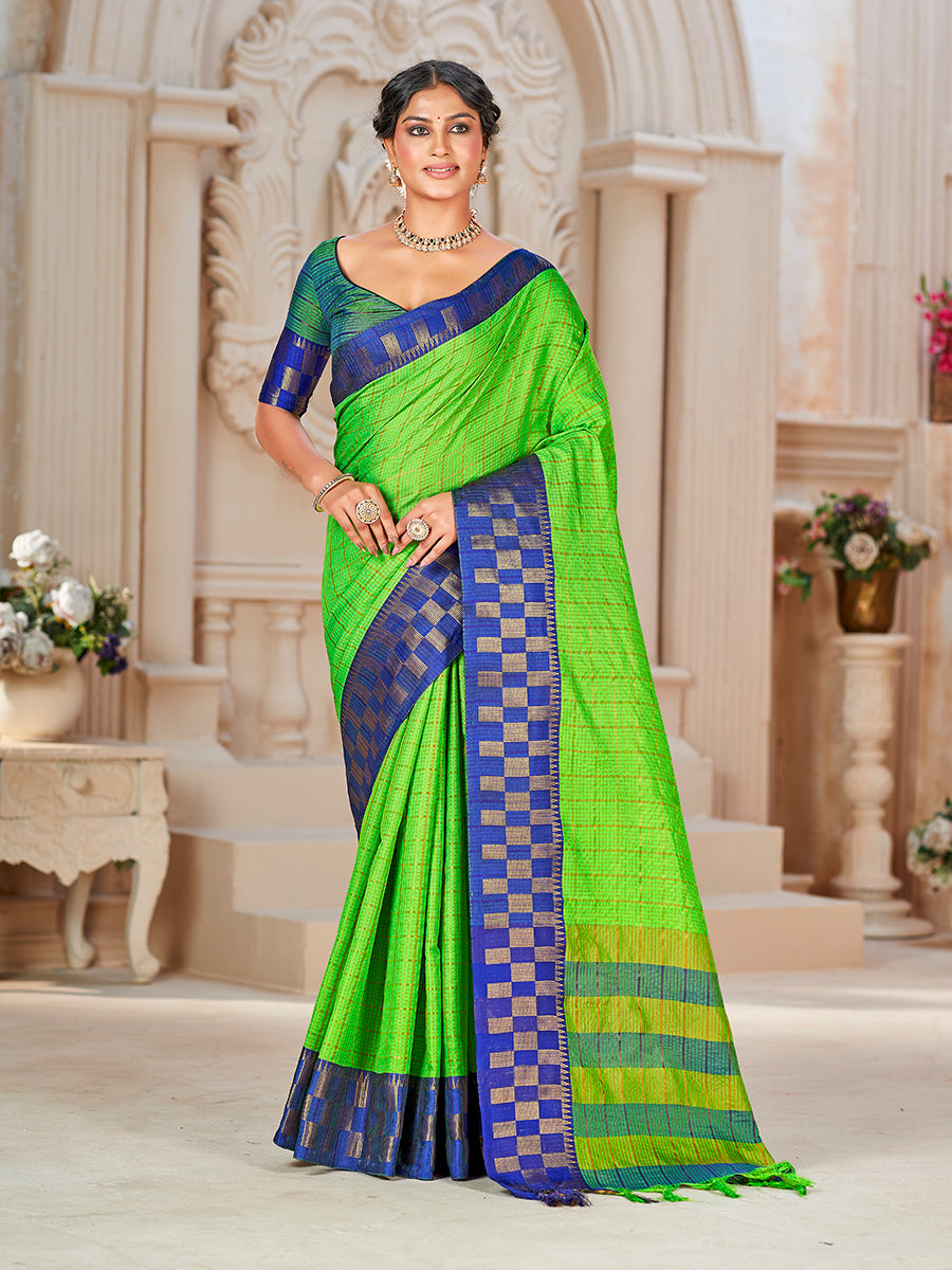 Green & Blue Banarasi Silk Zari Checks Woven Saree