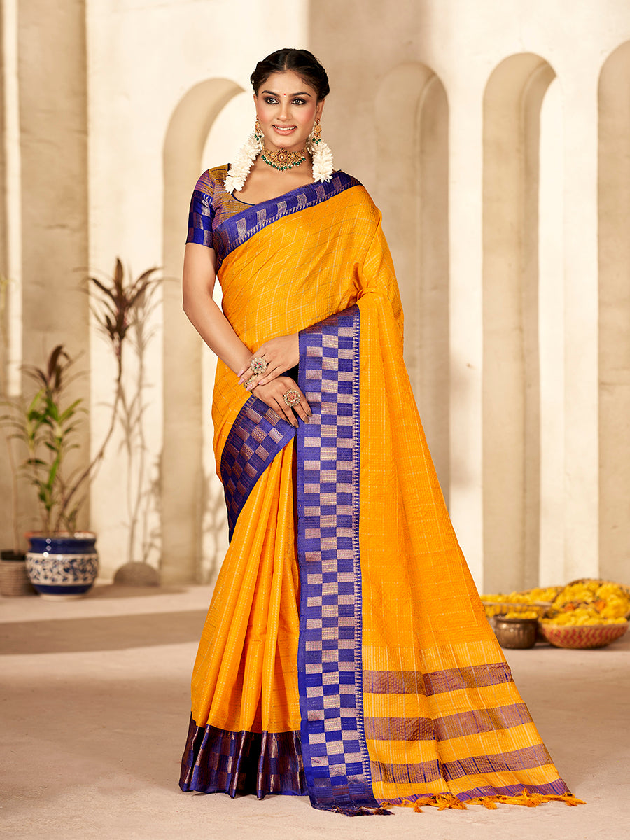 Dark Yellow & Blue Banarasi Silk Zari Checks Woven Saree