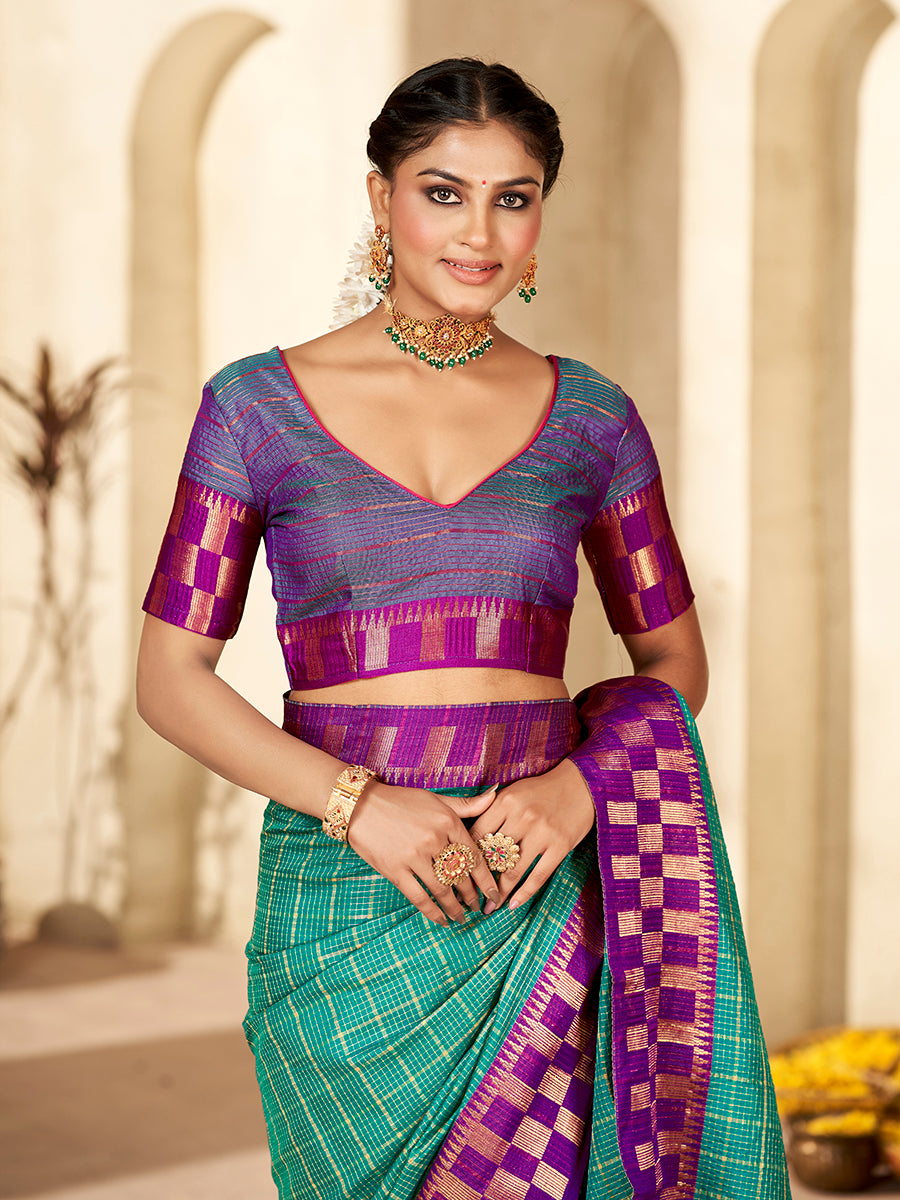 Teal Blue & Purple Banarasi Silk Zari Checks Woven Saree